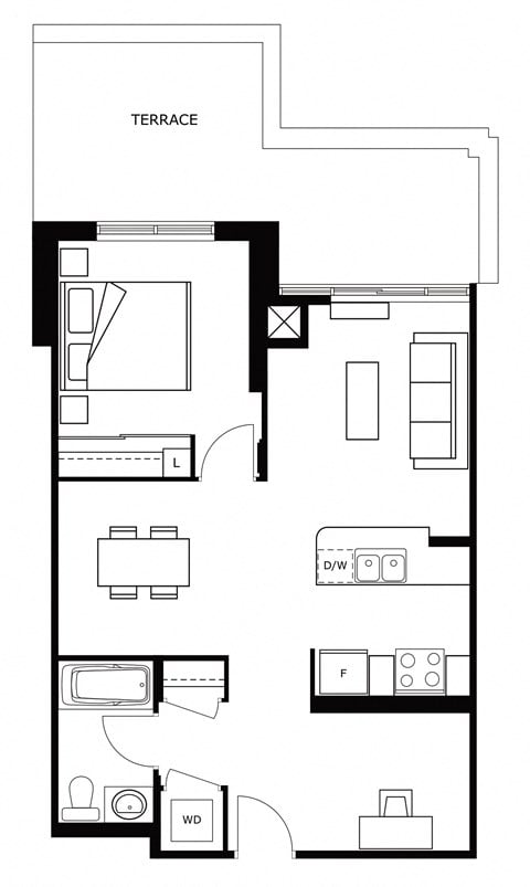 Floor plan for 1 bed, 1 bath, 655 sqft